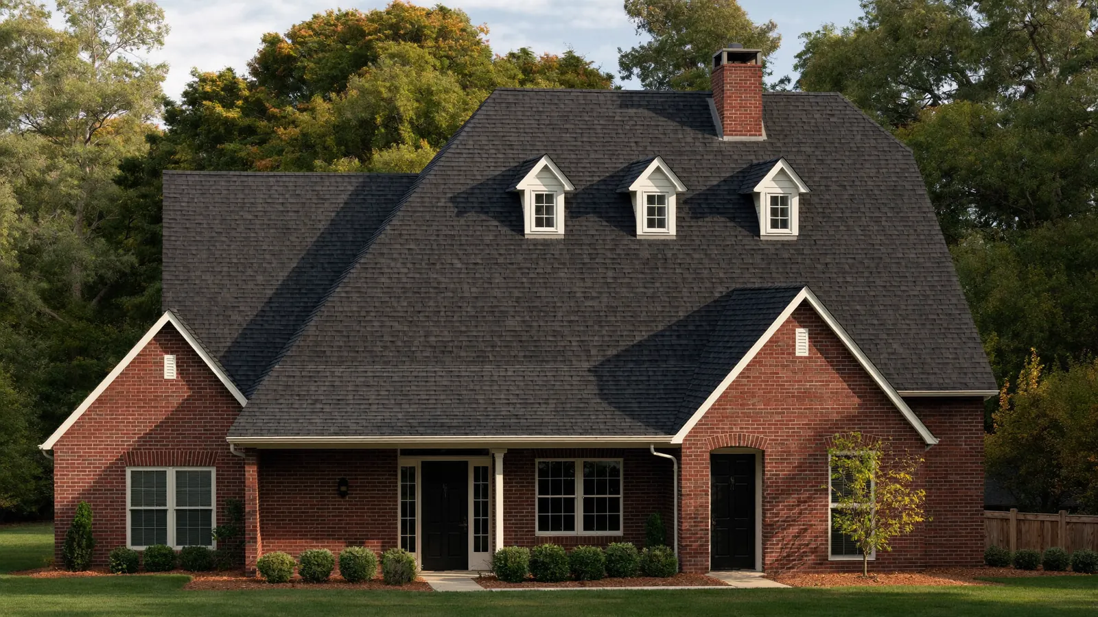 Newly installed charcoal architectural asphalt shingles with a clean ridge cap on a brick and vinyl home in a Clarksville subdivision