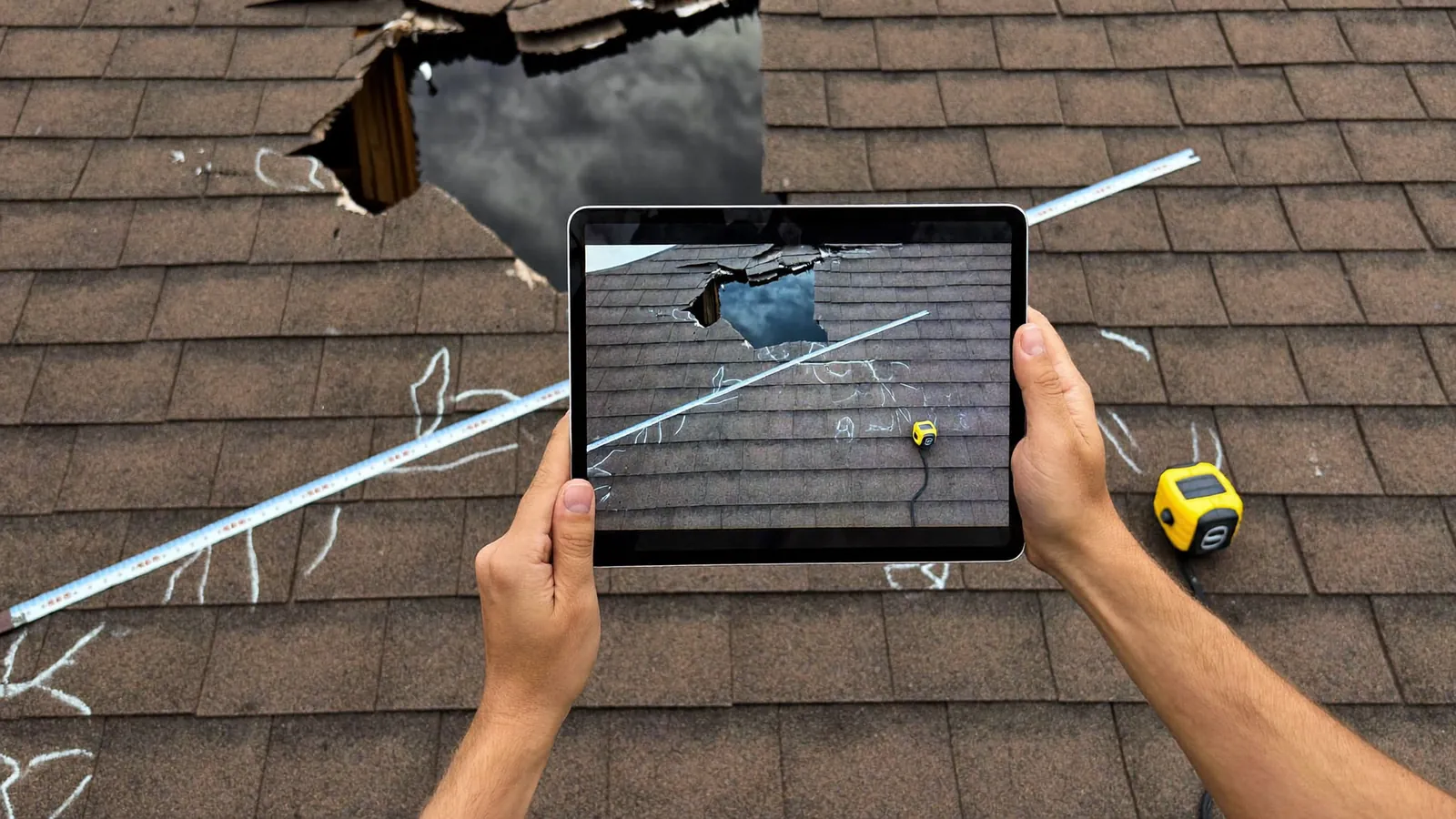 Hands holding a tablet showing photographs of damaged shingles while standing on a residential roof, measuring tape and chalk beside the damage